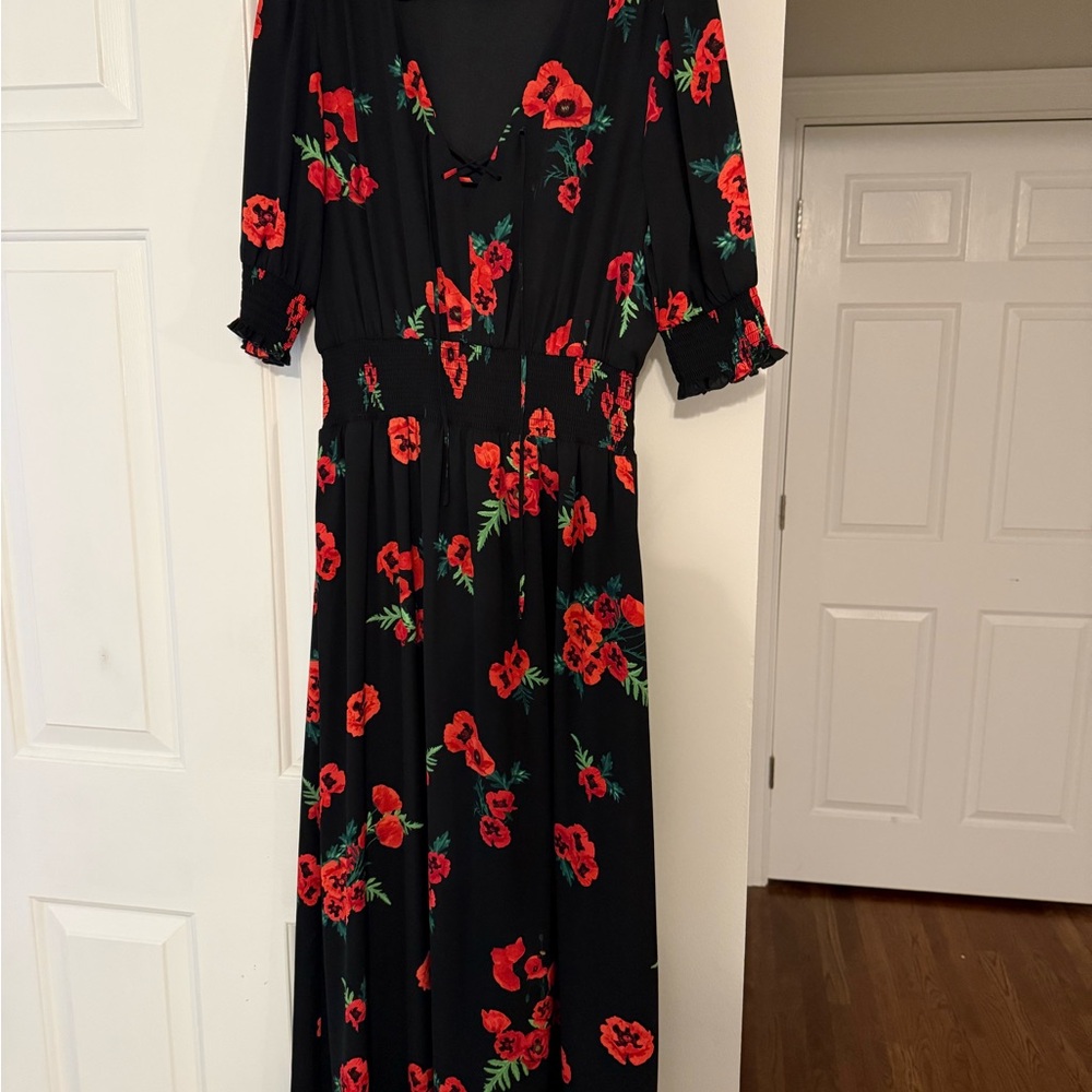 Express Black Maxi Dress with Red Floral Print